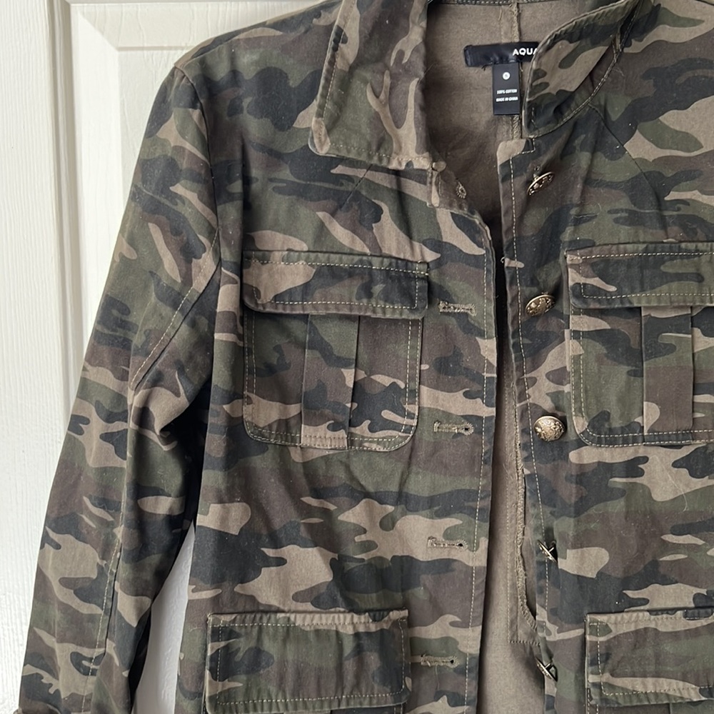Aqua, army print, size small, with buttons.